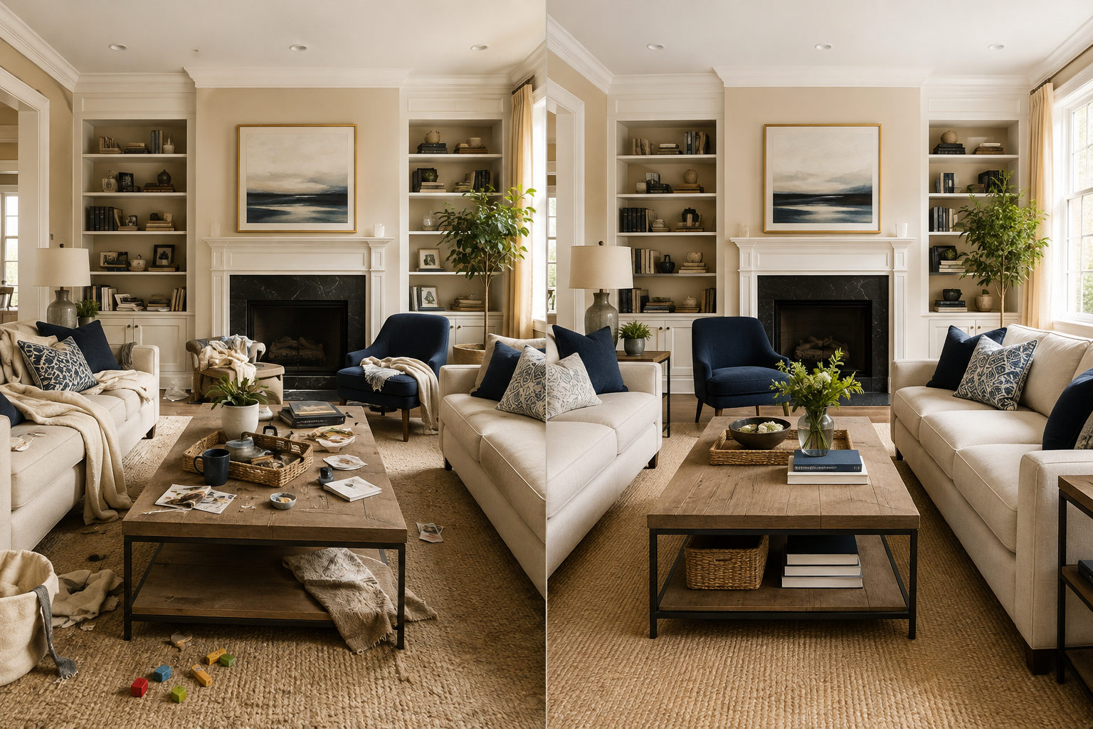 Before and after a professional living room cleaning