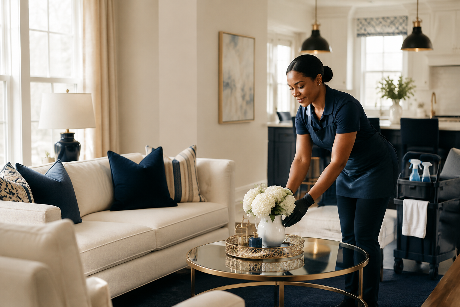 A cleaning professional caring for an elegant living room